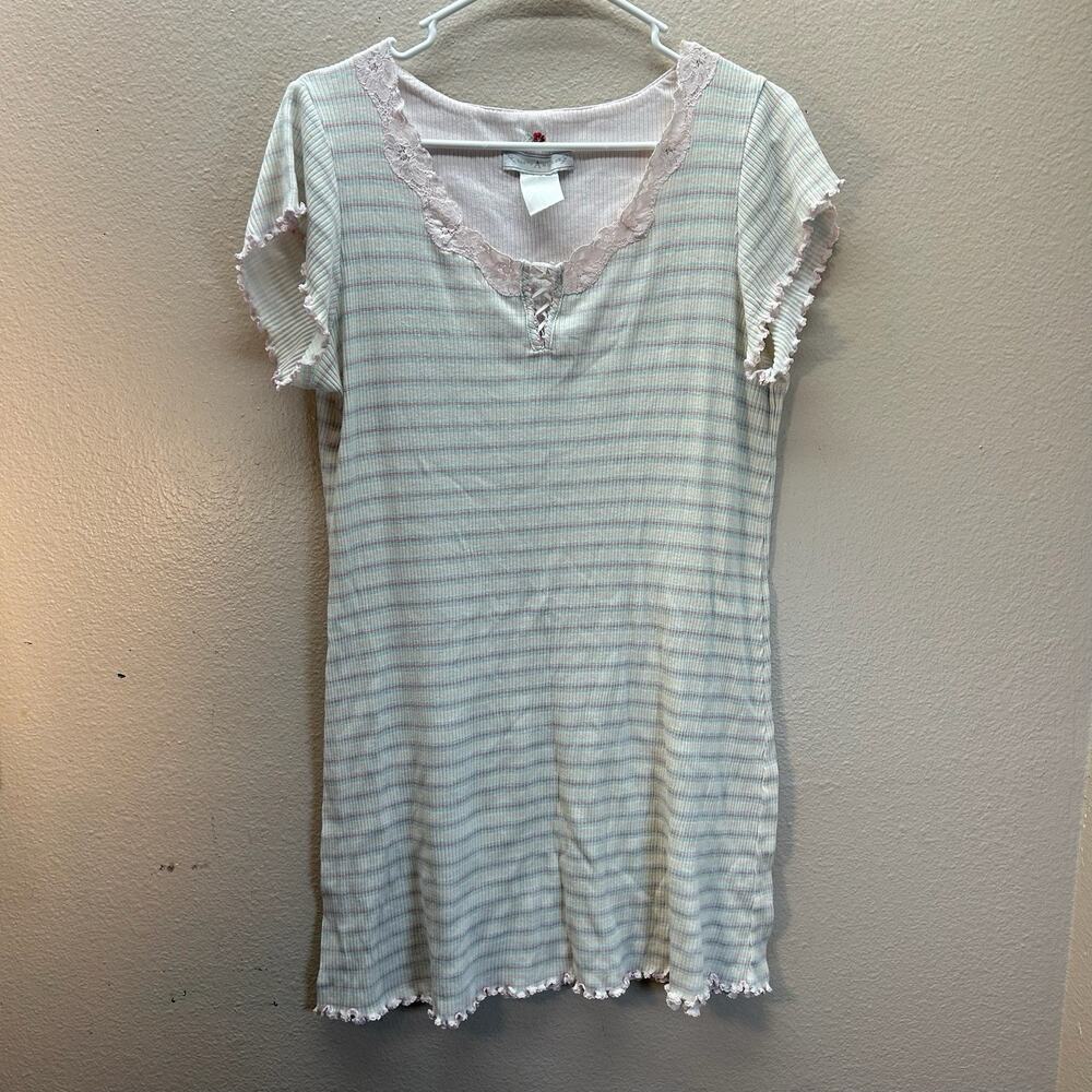 Earth Angels Nightgown Sz M Striped Short Sleeve Lace Up Cottagecore Sleep Shirt